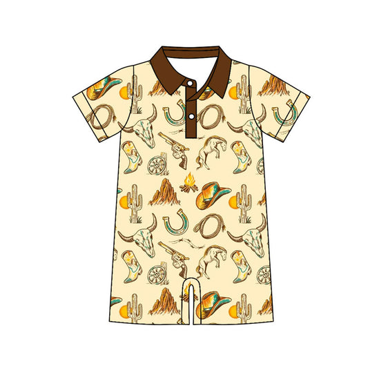 Custom moq 20 Western cowboy cow short sleeve boys romper