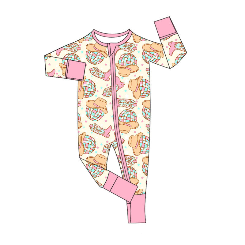 Custom moq 20 bamboo Western happy new year light hat pink long sleeve zipper girls romper
