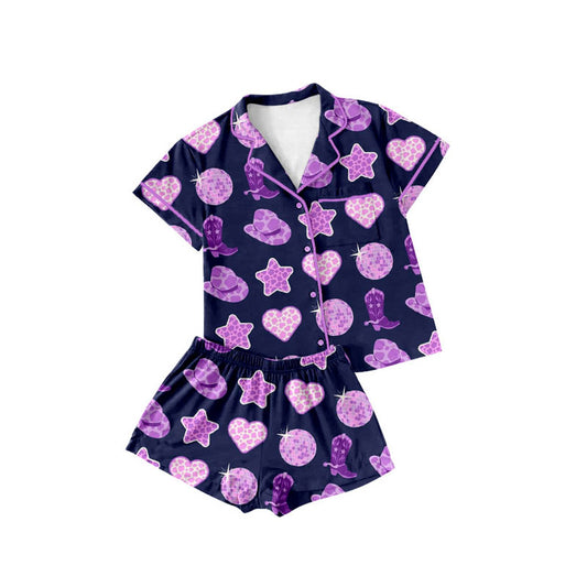 custom moq 5 Western hat satr boot purple short sleeve shorts girls pajamas