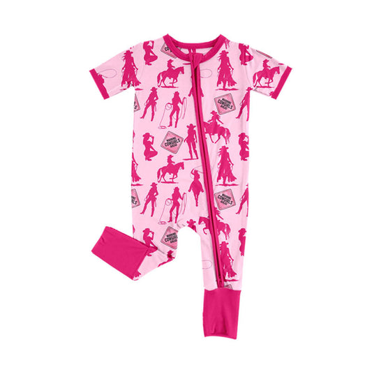 custom moq 5 Western rodeo cowgirl hot pink short sleeve zipper girls romper