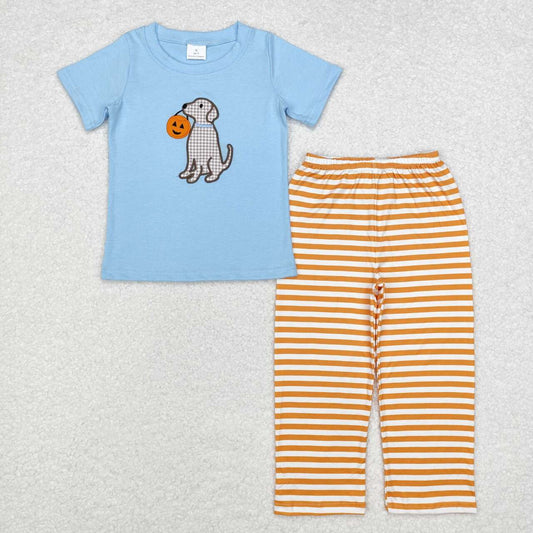 BSPO0391 embroidery Halloween dog pumpkin blue short sleeve orange striped pants boys set