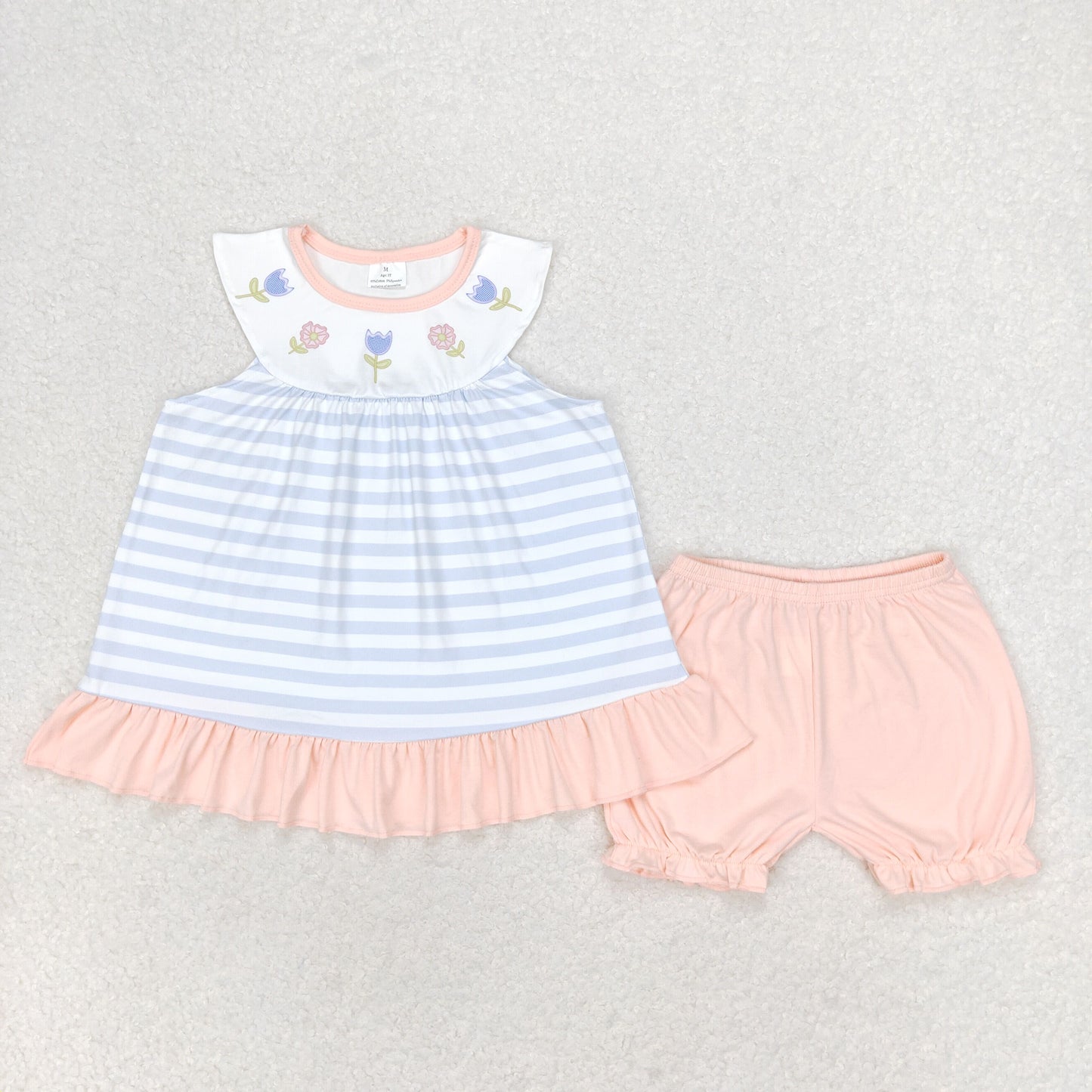 GSSO1101 Summer cute flowers blue striped flutter sleeve pink shorts girls set