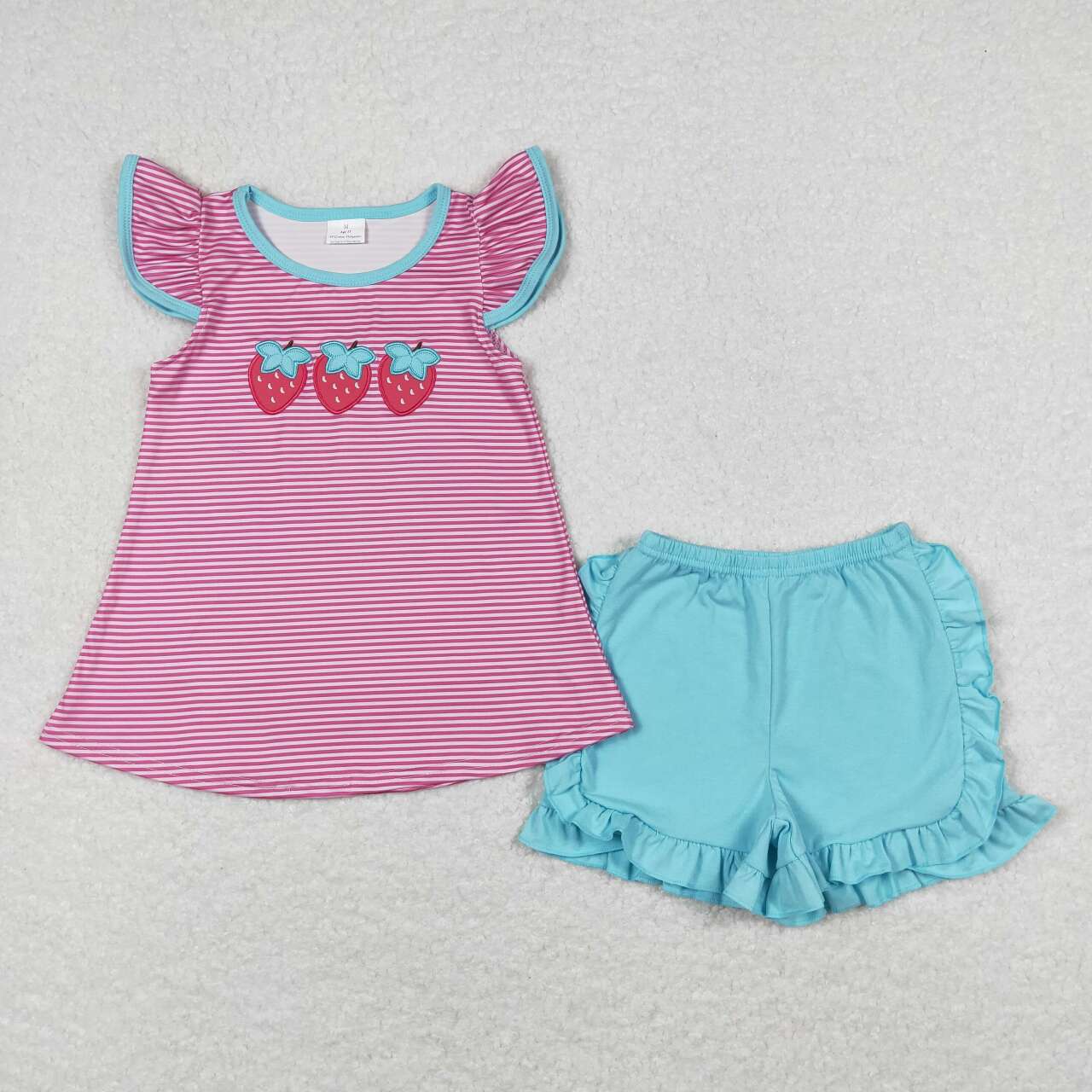 GSSO0556 Embroidery Strawberry Pink Striped Flutter Sleeve Blue Shorts Girls Set