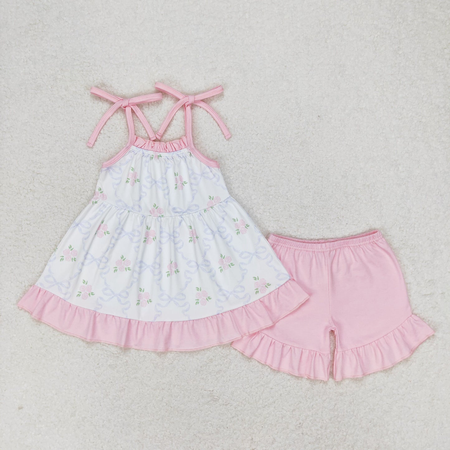 GSSO0725 pink flowers bow lace-up pink shorts girls set