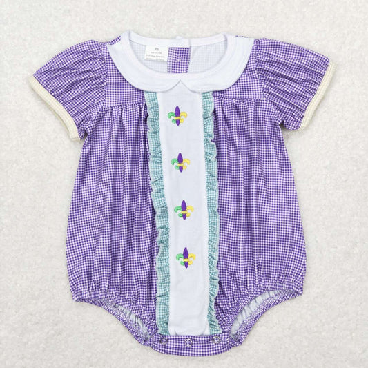 SR0471 Mardi gras purple striped cell short sleeve girls romper