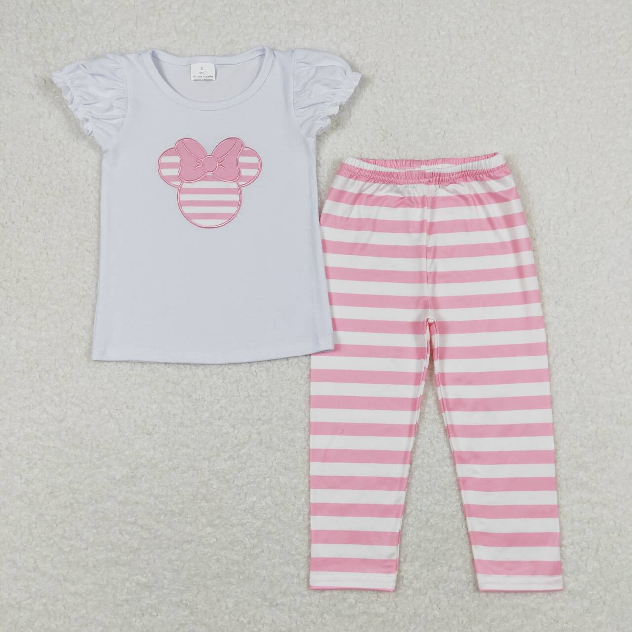 GSPO1198 embroidery Cartoon White Short Sleeve Hot Pink Striped Pants Girls Set