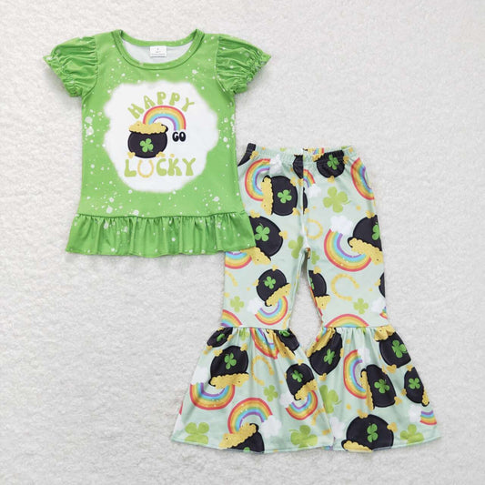 GSPO1046 Saint Patrick happy lucky rainbow green short sleeve pants girls set