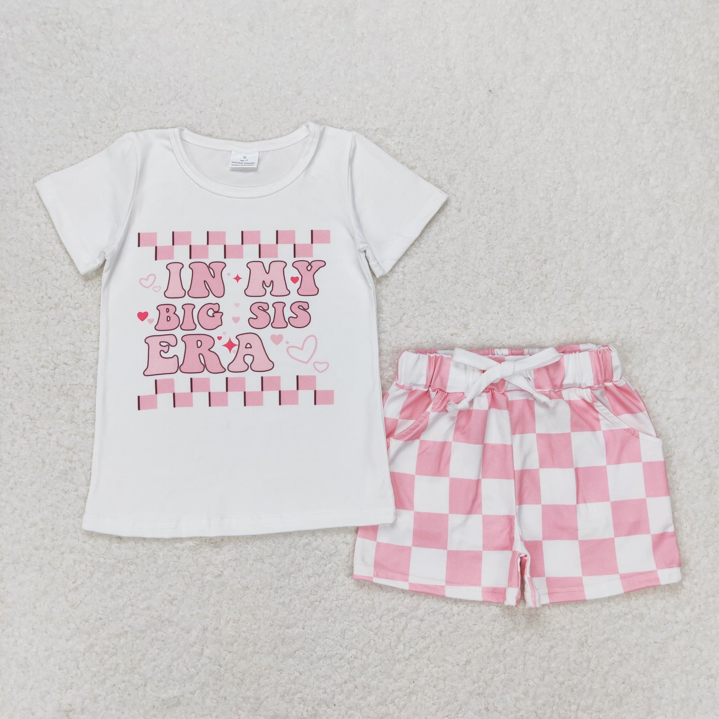 GSSO1073 in my big sister era short sleeve pink checkered shorts girls set