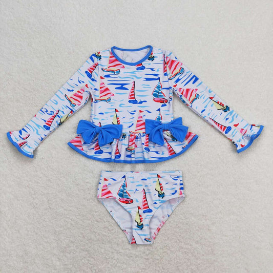 S0276 sailboat blue long sleeve girls swimsuits