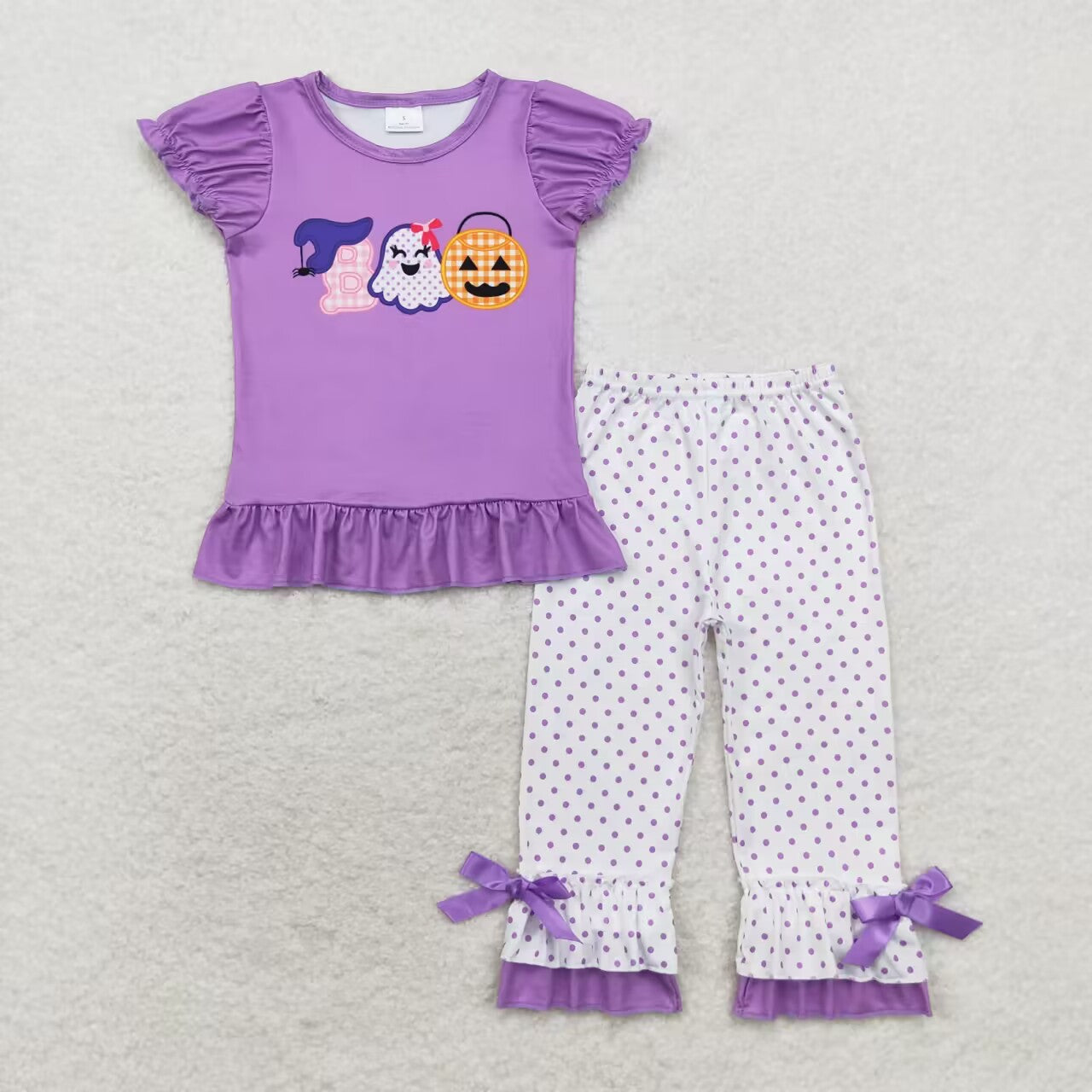 GSPO1647 Halloween spooky pumpkin purple short sleeve dot pants girls set