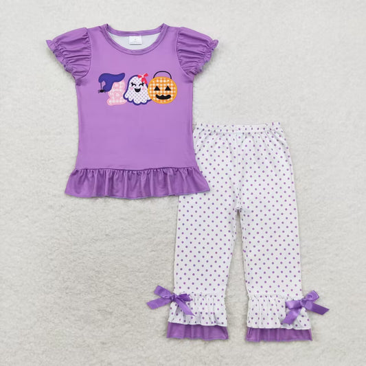 GSPO1647 Halloween spooky pumpkin purple short sleeve dot pants girls set