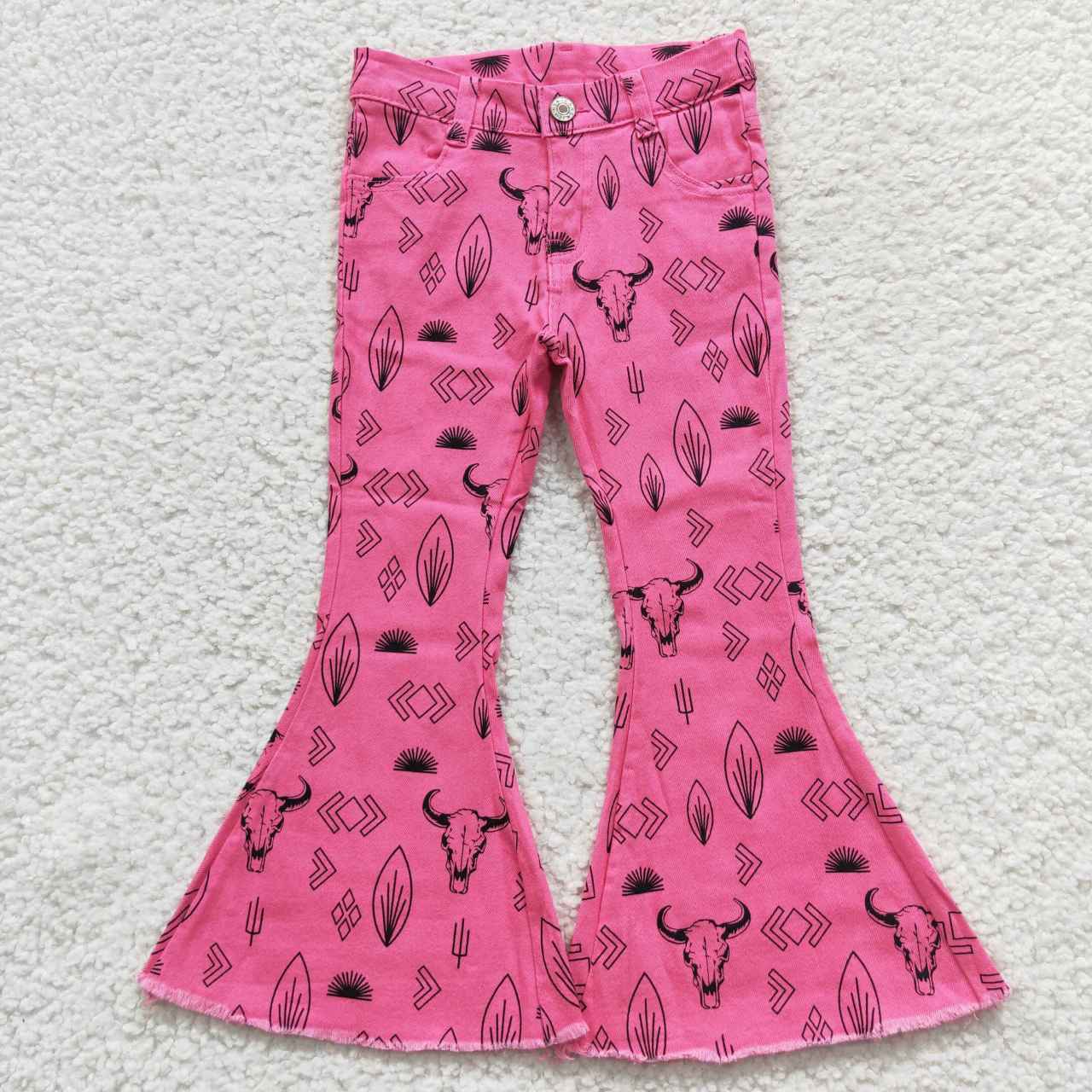 P0159 Western Cow Hot Pink Girls Denim Jeans