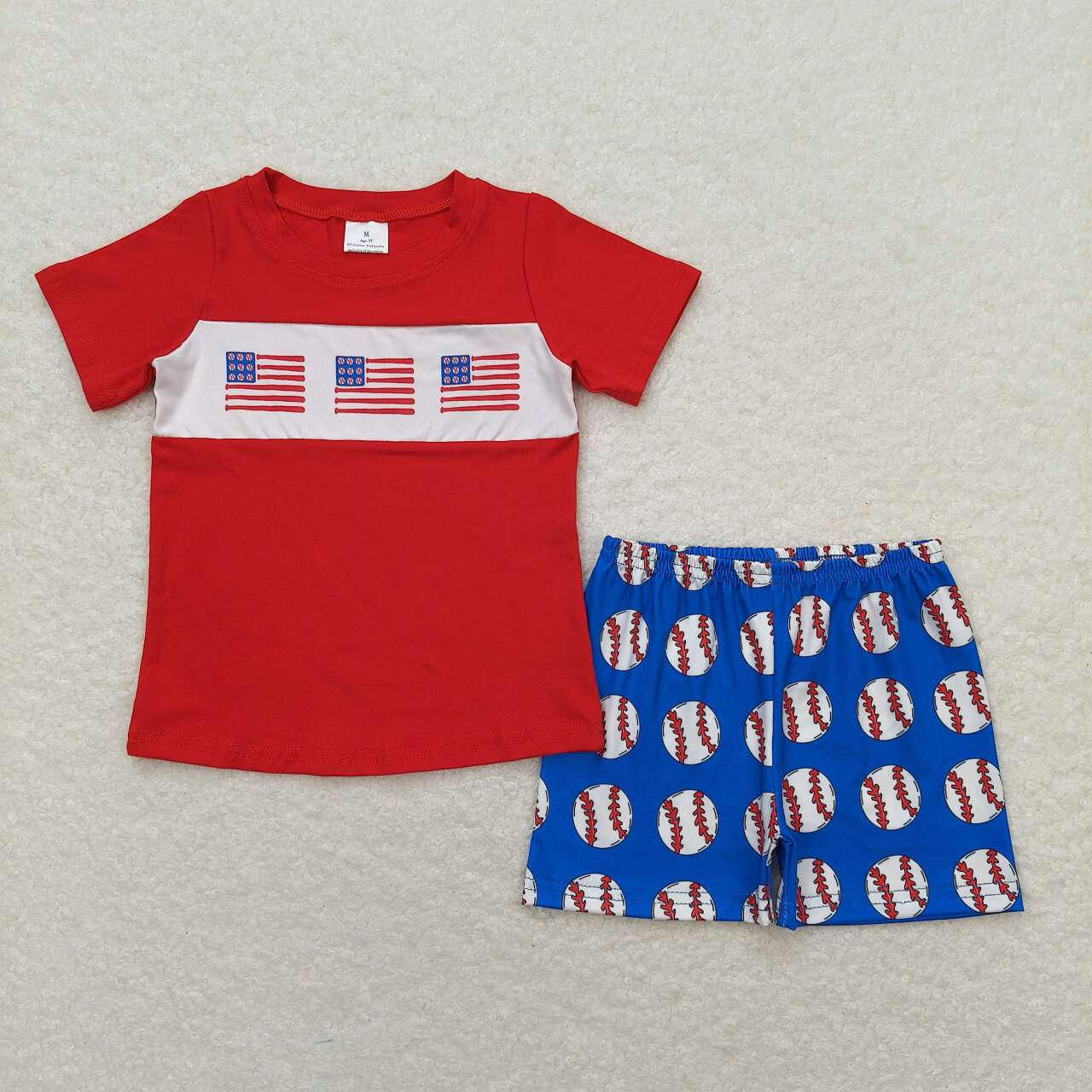 BSSO0674 July 4th flag red short sleeve baseball blue shorts boys set