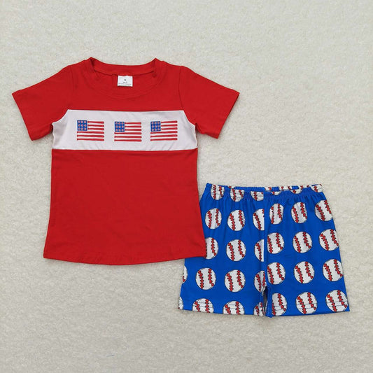 BSSO0674 July 4th flag red short sleeve baseball blue shorts boys set