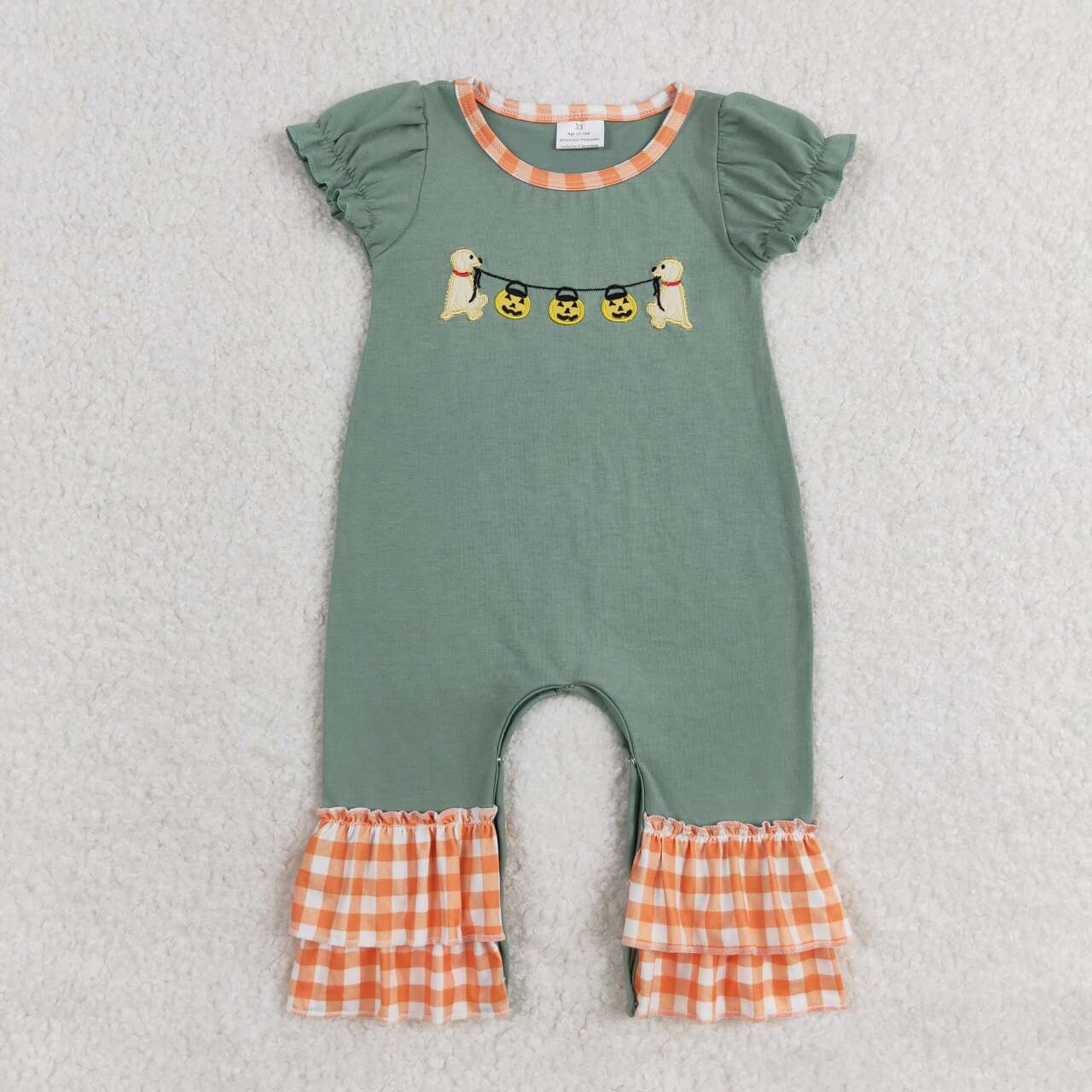 SR1794 embroidery Halloween pumpkin dog green short sleeve girls romper