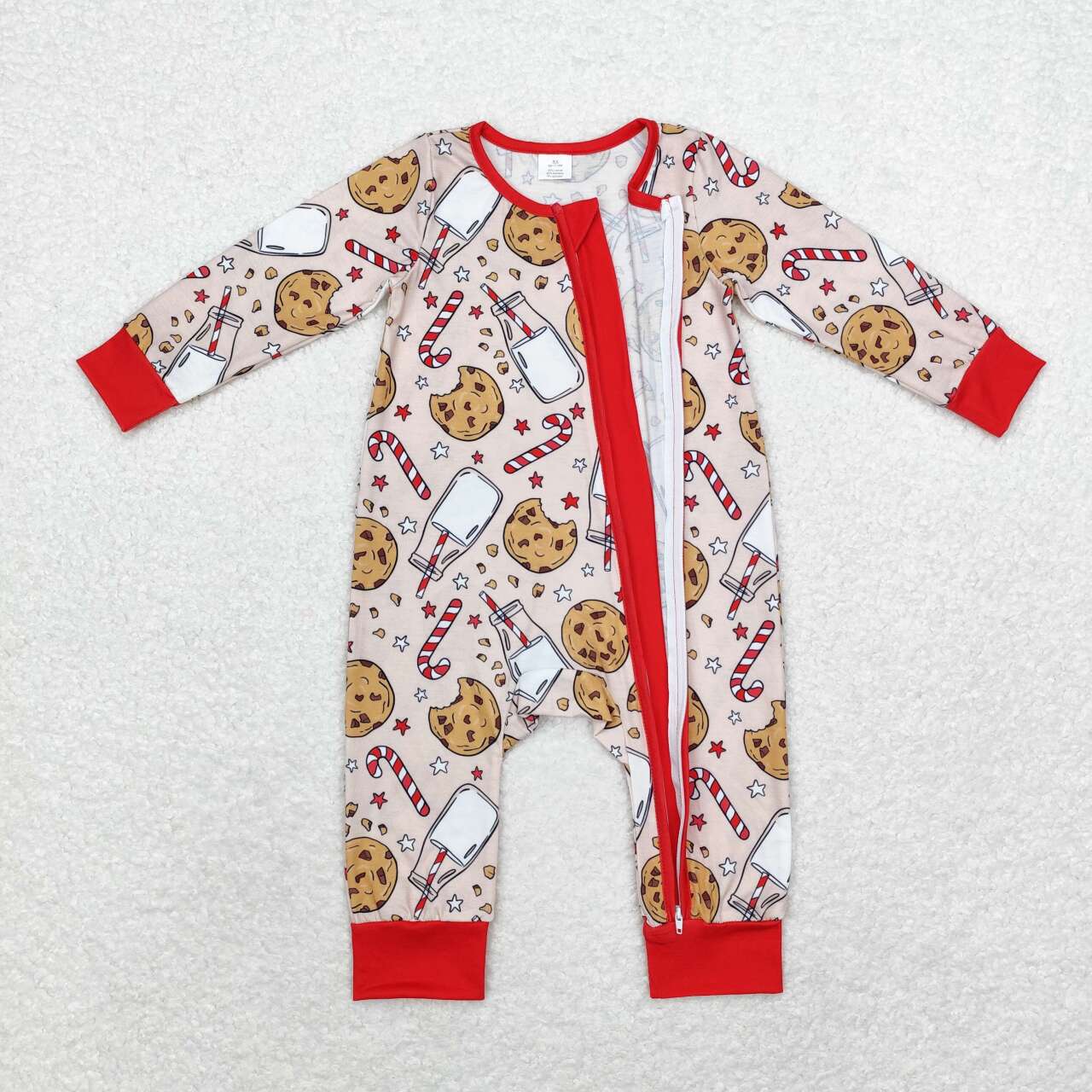 bamboo LR1426 Christmas cane candy cookie milk silk red long sleeve zipper boys romper