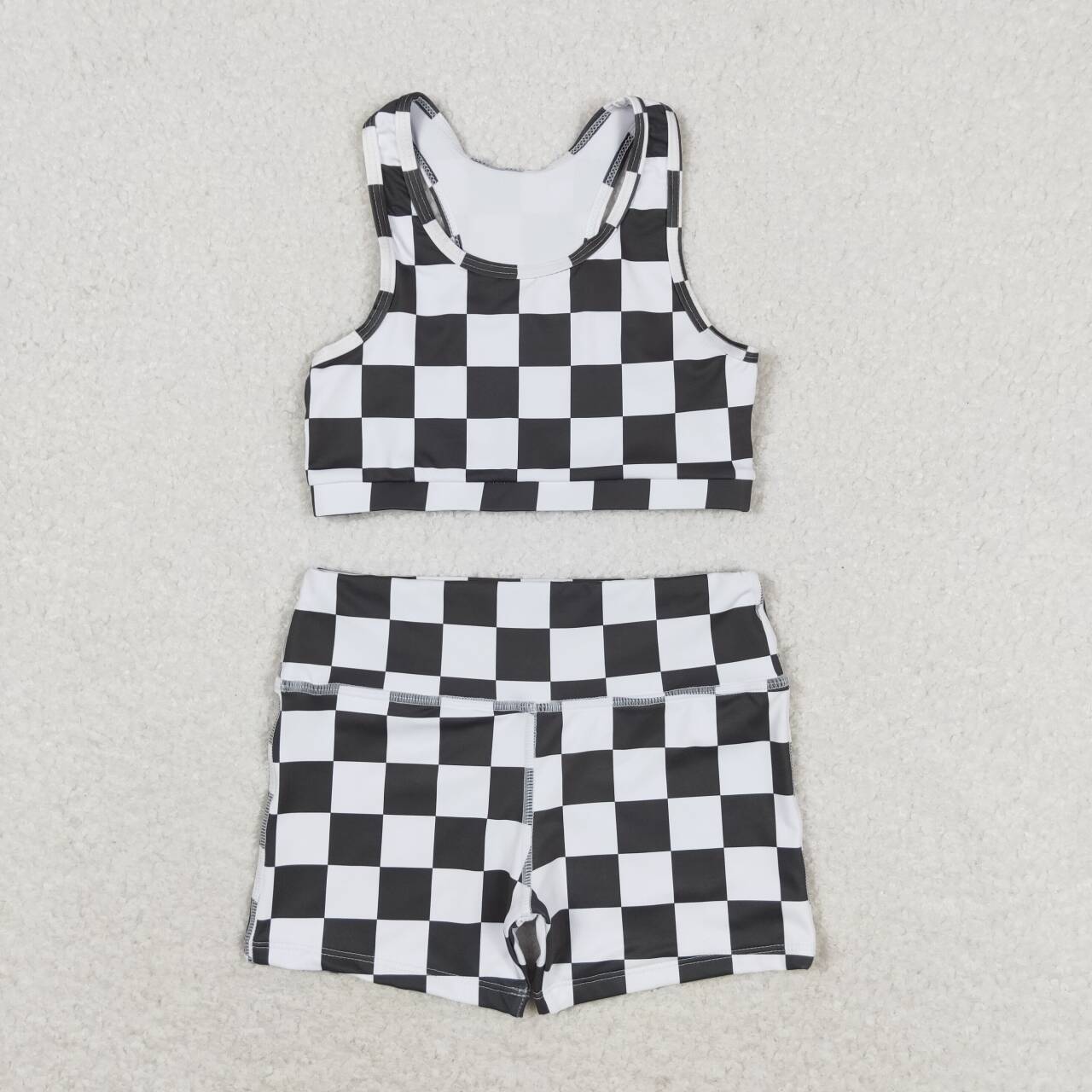 GSSO0906 black checkered racer crop tanks shorts girls set