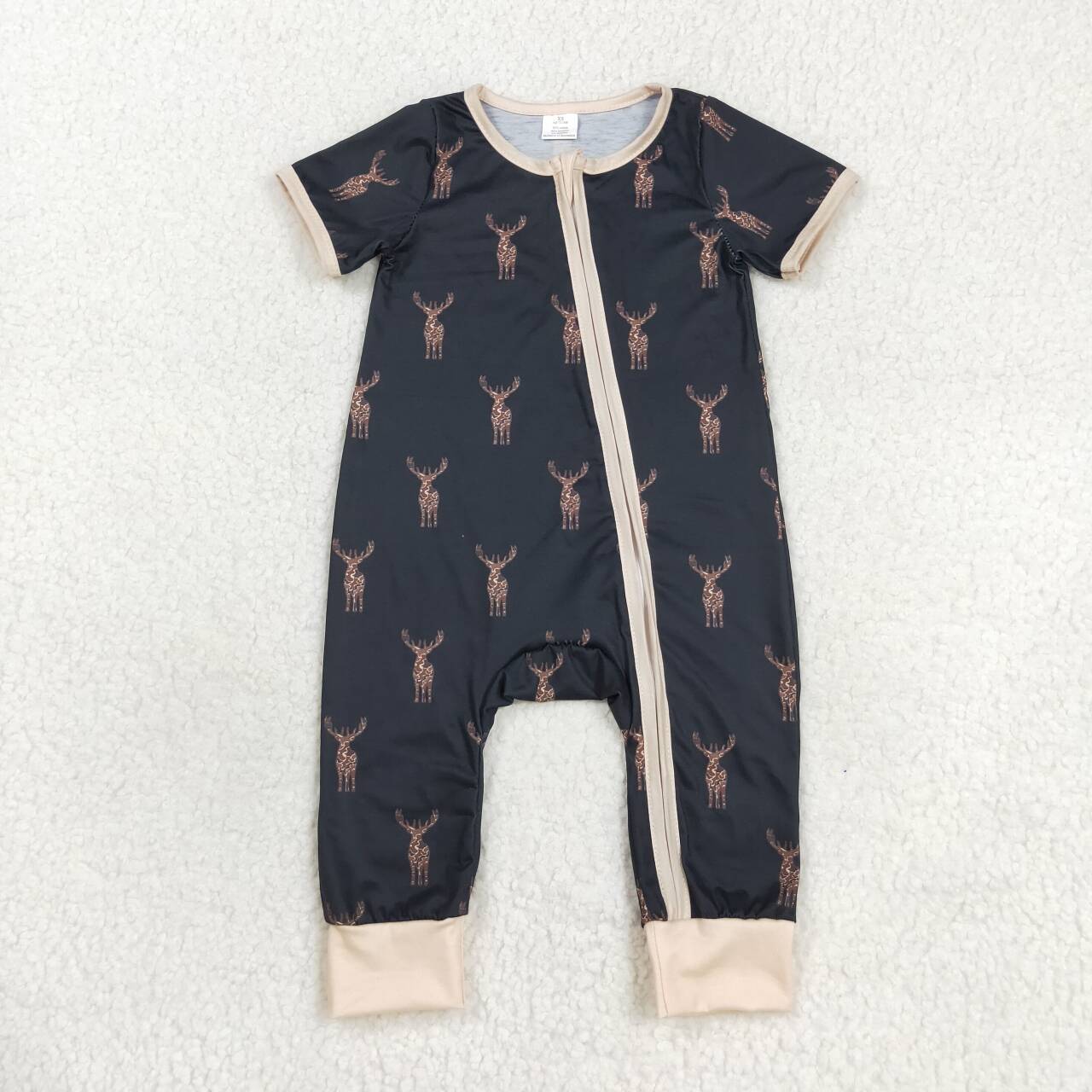 SR1896 Hunting deer black short sleeve zipper boys romper