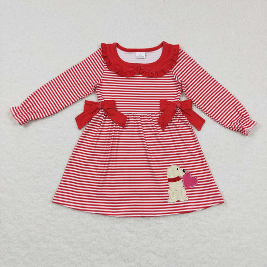 GLD0448 Valentine's Day heart dog red striped long sleeve girls dress