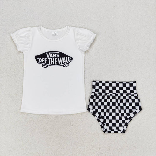 GBO0284 V Off The Wall White Short Sleeve Black Checkered Girls Bummies Set