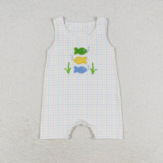 SR1121 embroidery Fishing colorful checkered sleeveless boys romper