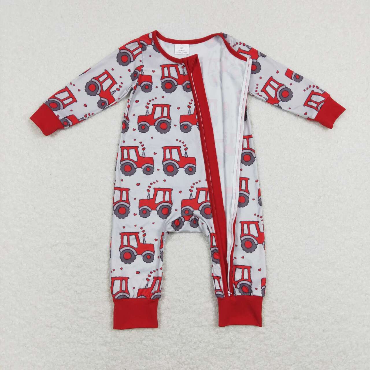 LR0887 Valentine's Day Heart Tractor Long Sleeve Kids Zipper Romper