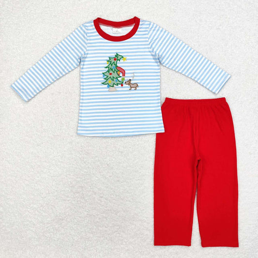 embroidery BLP0772 Christmas tree dog blue striped long sleeve red pants boys set