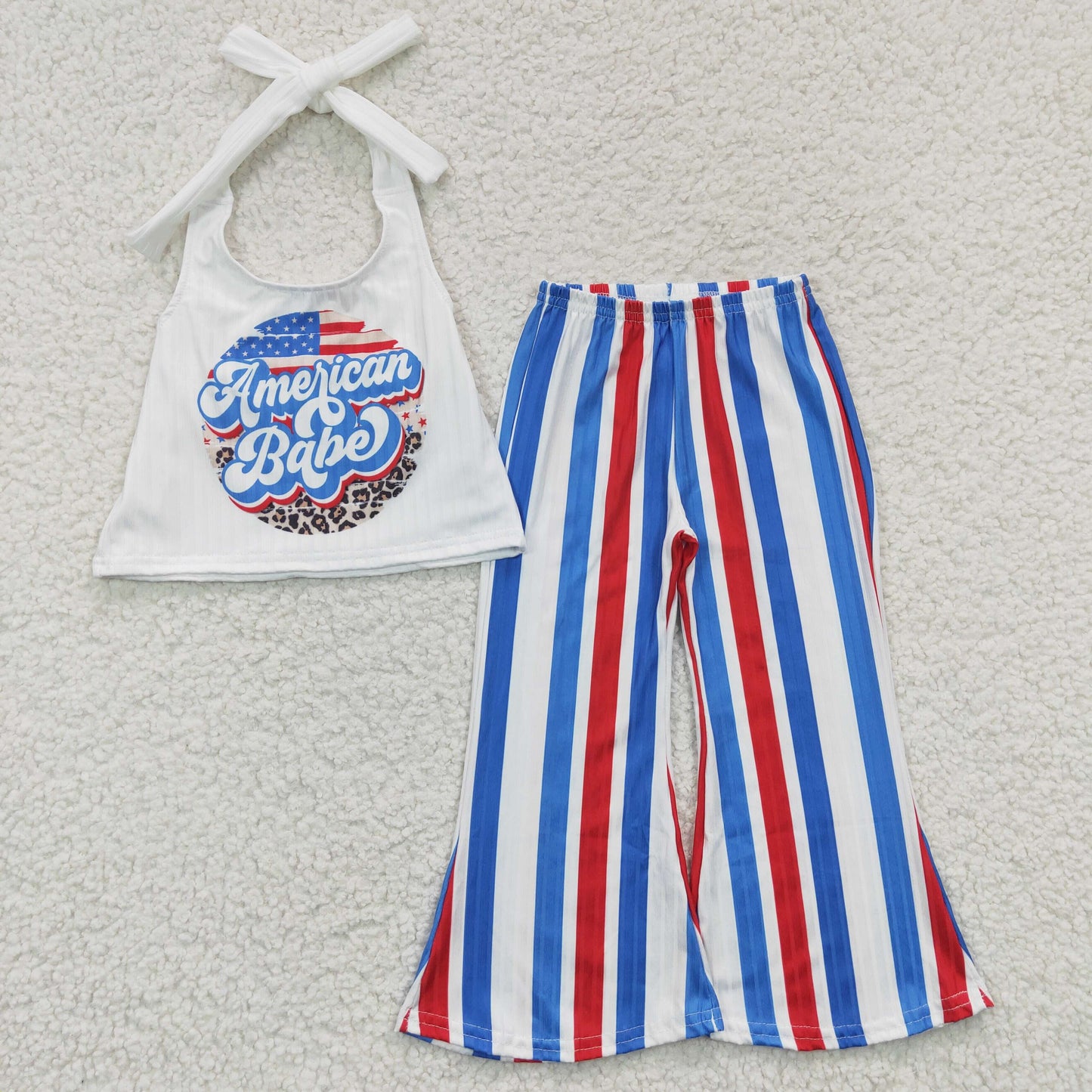 GSPO0655 American babe White Top Colorful Striped Pants Girls Summer Set