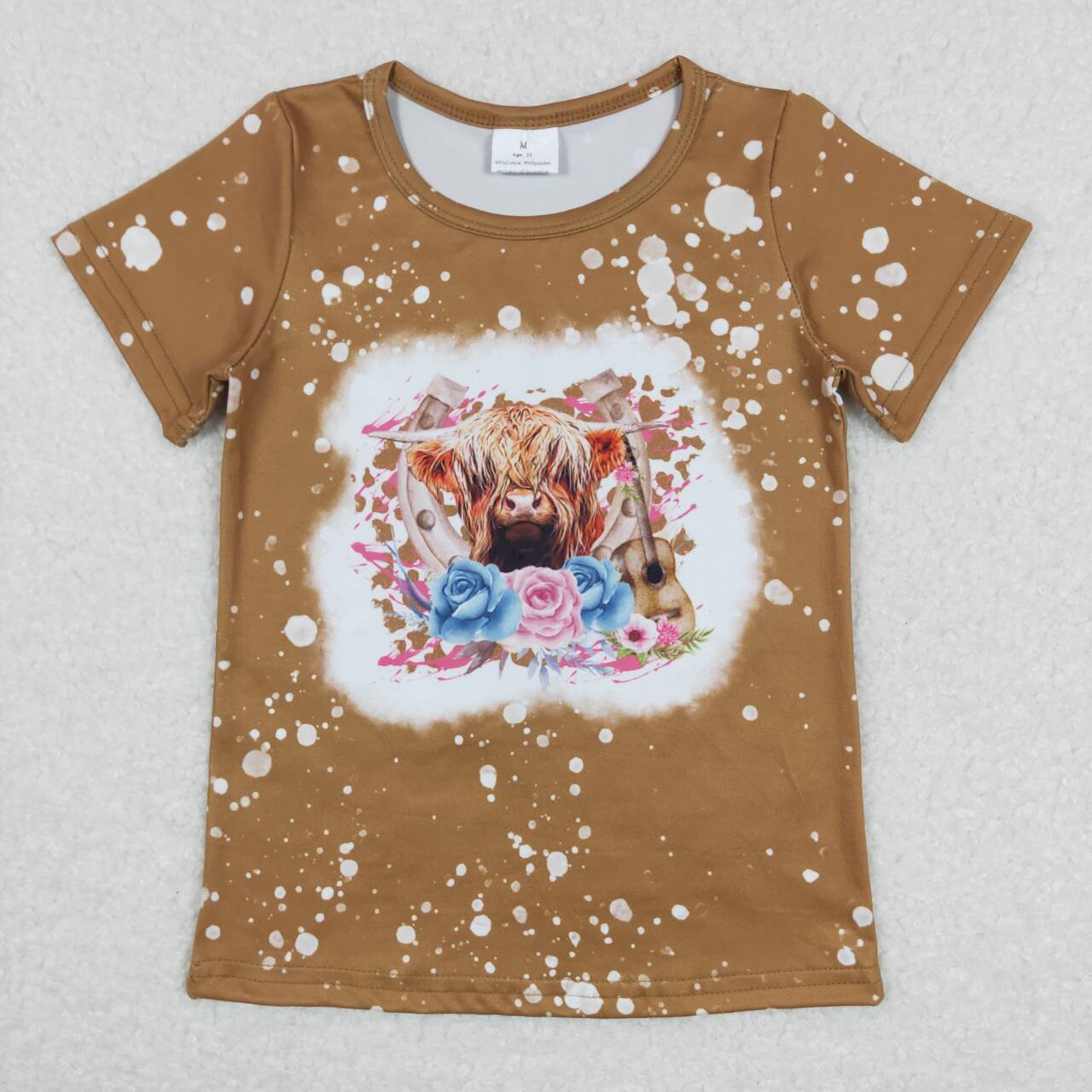 GT0333 Highland cow flowers brown short sleeve girls top