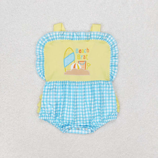 SR0956 Beach Brat Yellow Sleeveless Green Checkered Girls Romper