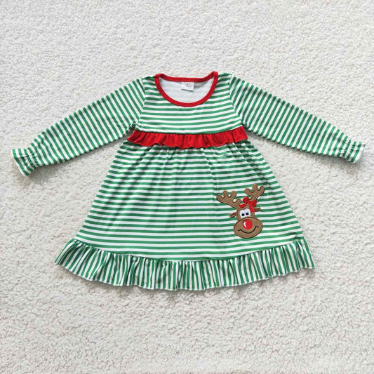 GLD0207 Christmas Embroidery Deer Green Striped Girls Dress