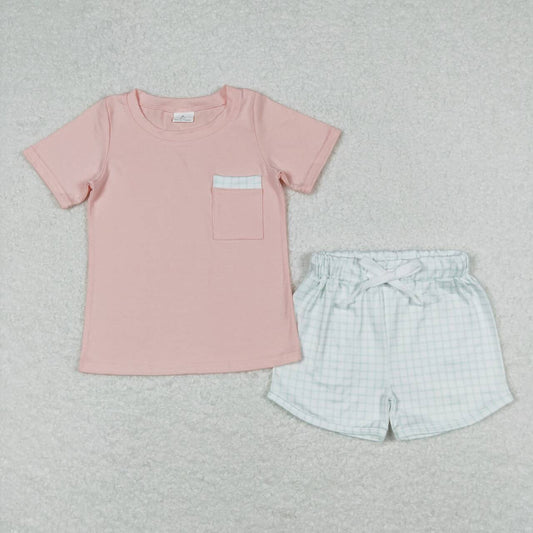 BSSO0698 Pink pocket short sleeve blue checkered shorts boys set