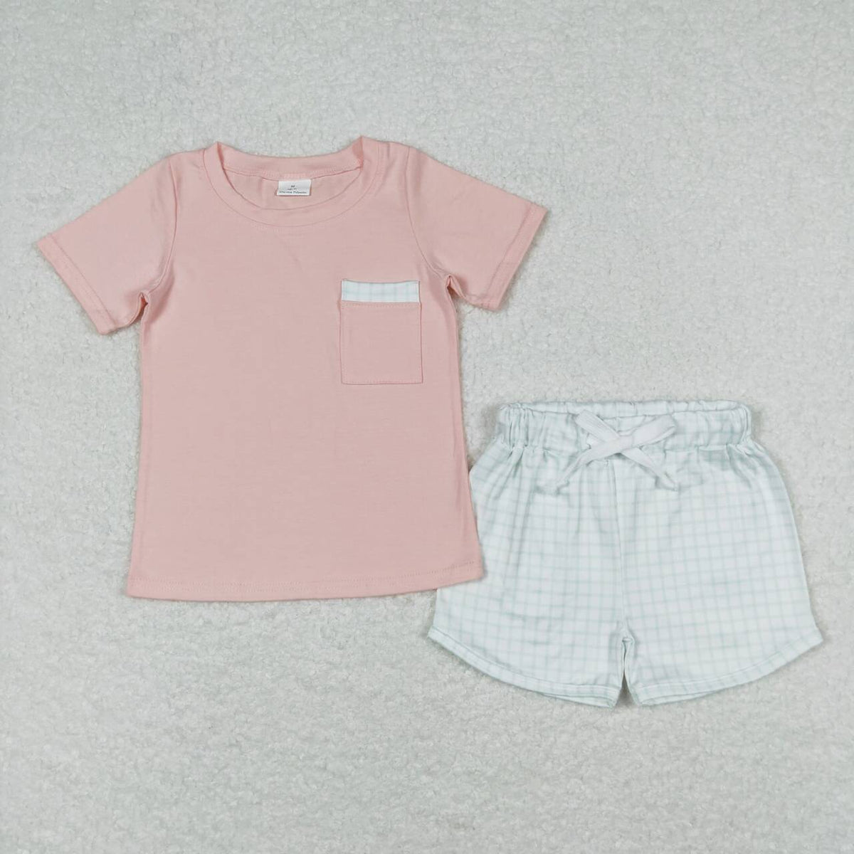 BSSO0698 Pink pocket short sleeve blue checkered shorts boys set