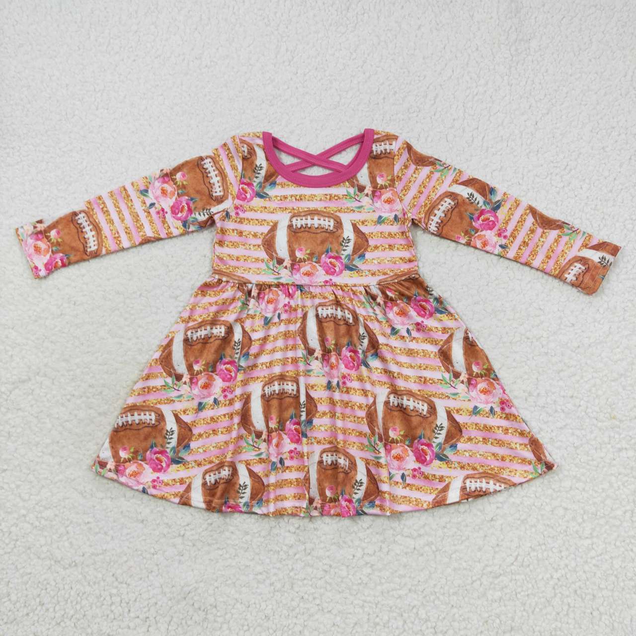GLD0326 Football flowers pink long sleeve girls dress