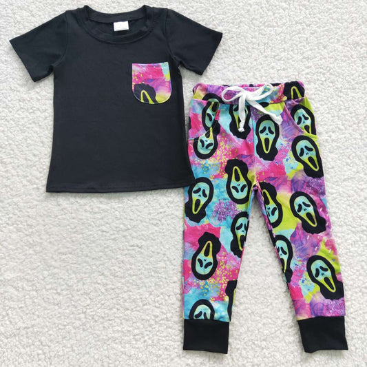 BSPO0106 Halloween Black Pocket Short Sleeve Horror Mask Pants Boys Set