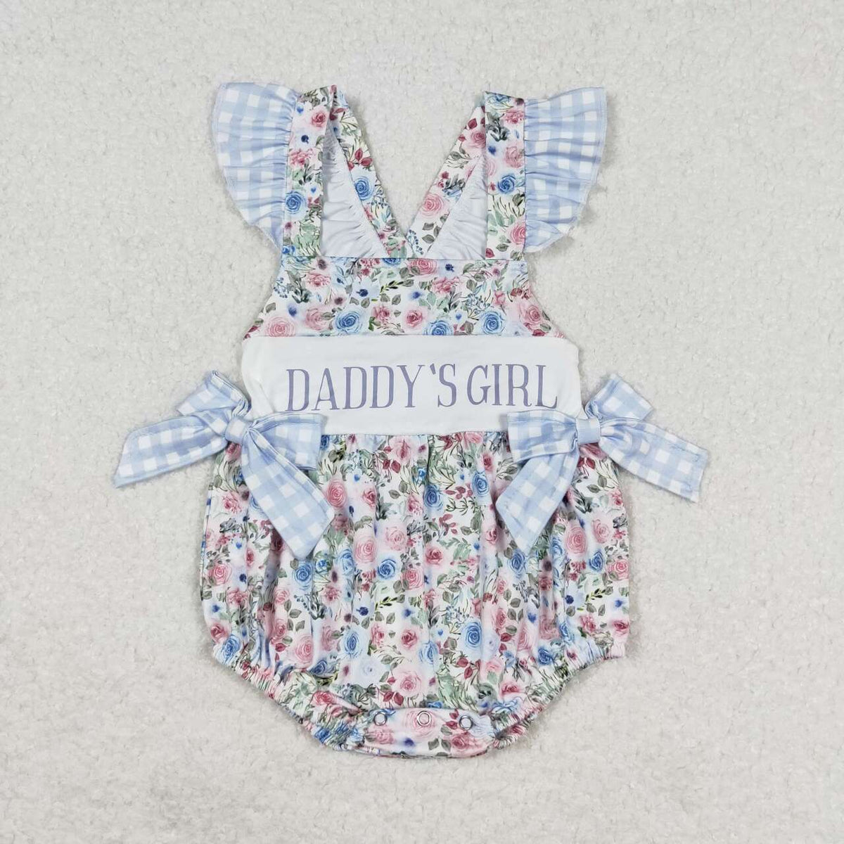 SR1240 daddys girls flowers blue checkered flutter sleeve girls romper
