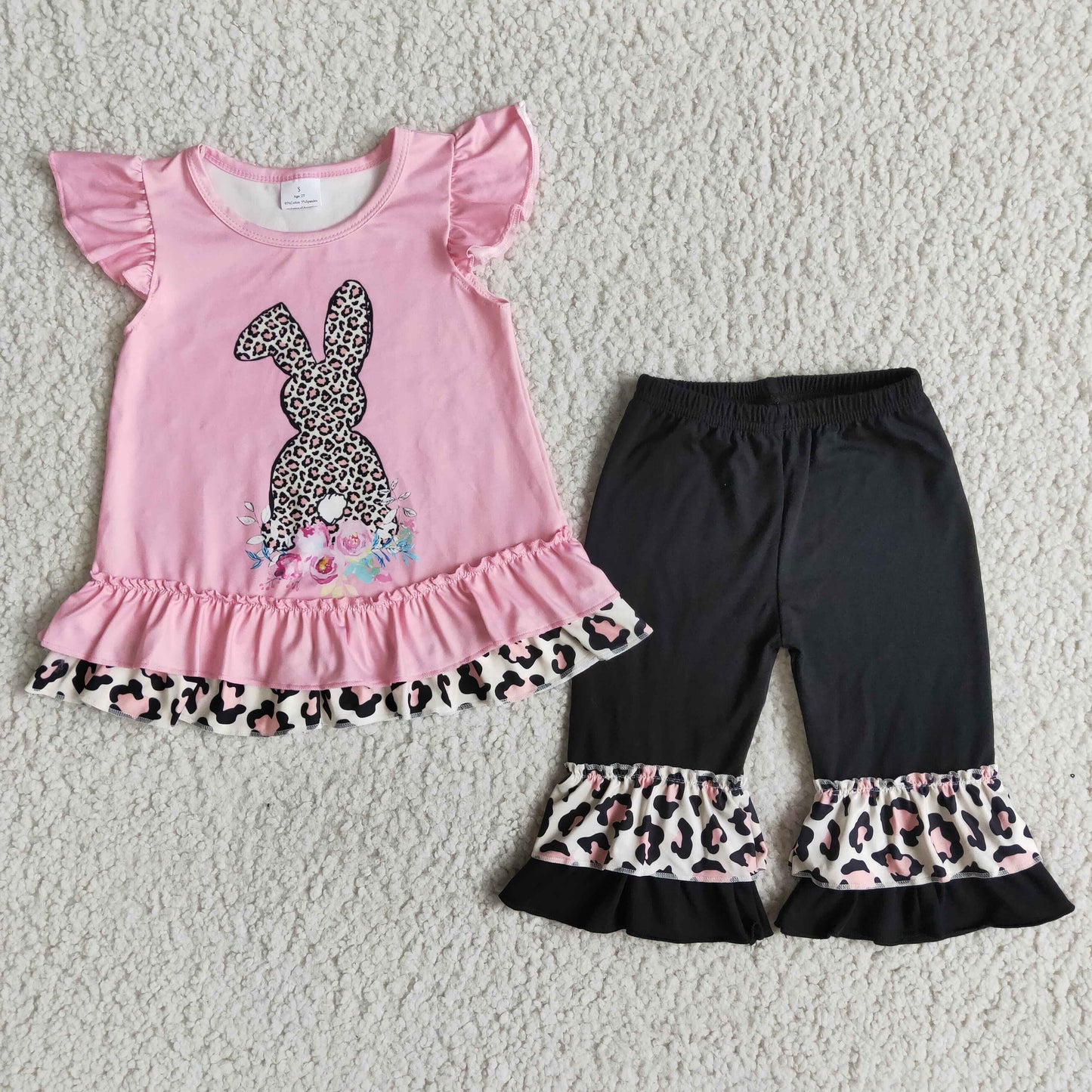 E6-17 Easter Pink Rabbits Leopard Print Capri Pants Girls Outfits