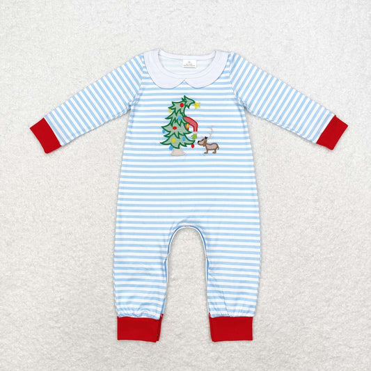 embroidery LR1564 Christmas tree dog blue striped long sleeve boys romper