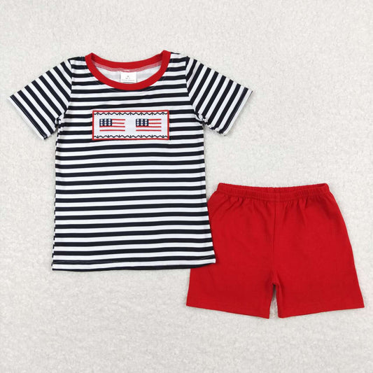 BSSO0565 embroidery July 4th Flag Black Striped Short Sleeve Red Shorts Boys Set