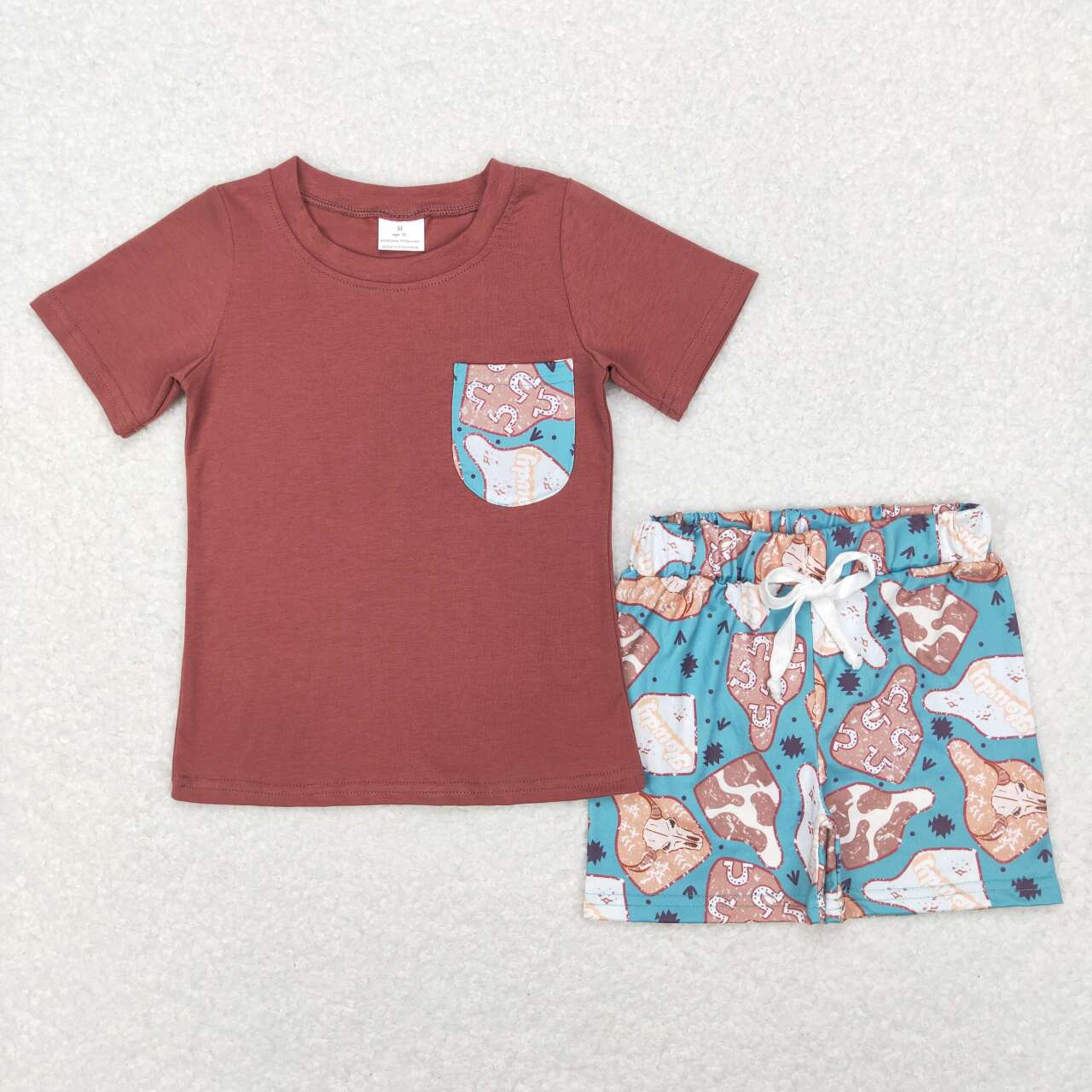 BSSO0348 Western brown pocket short sleeve cow print green shorts boys set
