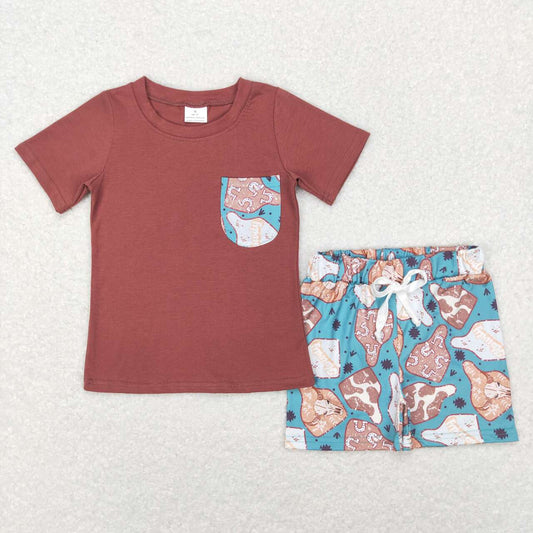 BSSO0348 Western brown pocket short sleeve cow print green shorts boys set