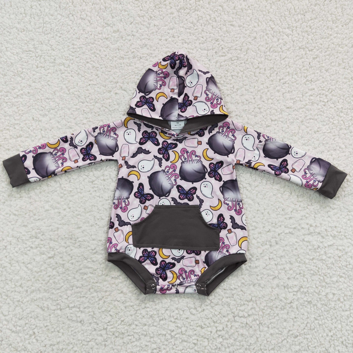 LR0274 Halloween Ghost Butterfly Purple Hoodie Pocket Long Sleeves Romper