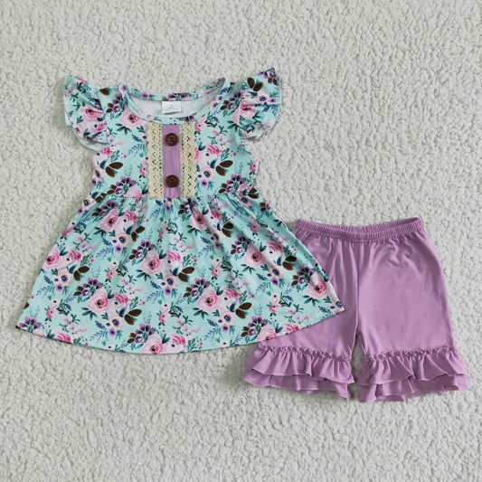 C6-22 Floral Print Purple Shorts Baby Girls Set
