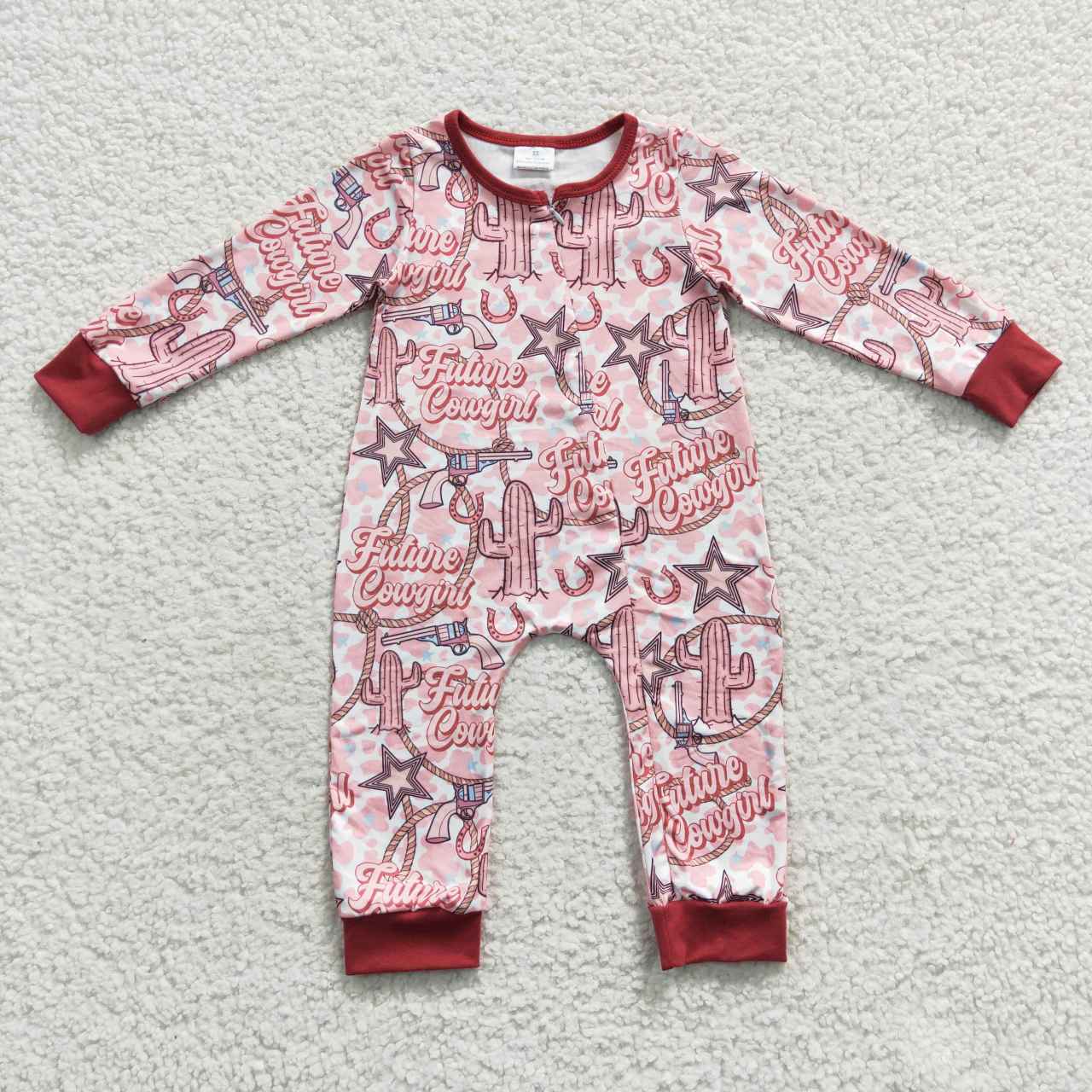 LR0306 Star Cactus Western Pink Kids Long Sleeve Romper