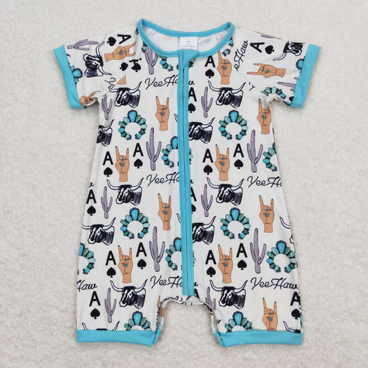 SR1200 Western cactus cow short sleeve zipper boys romper