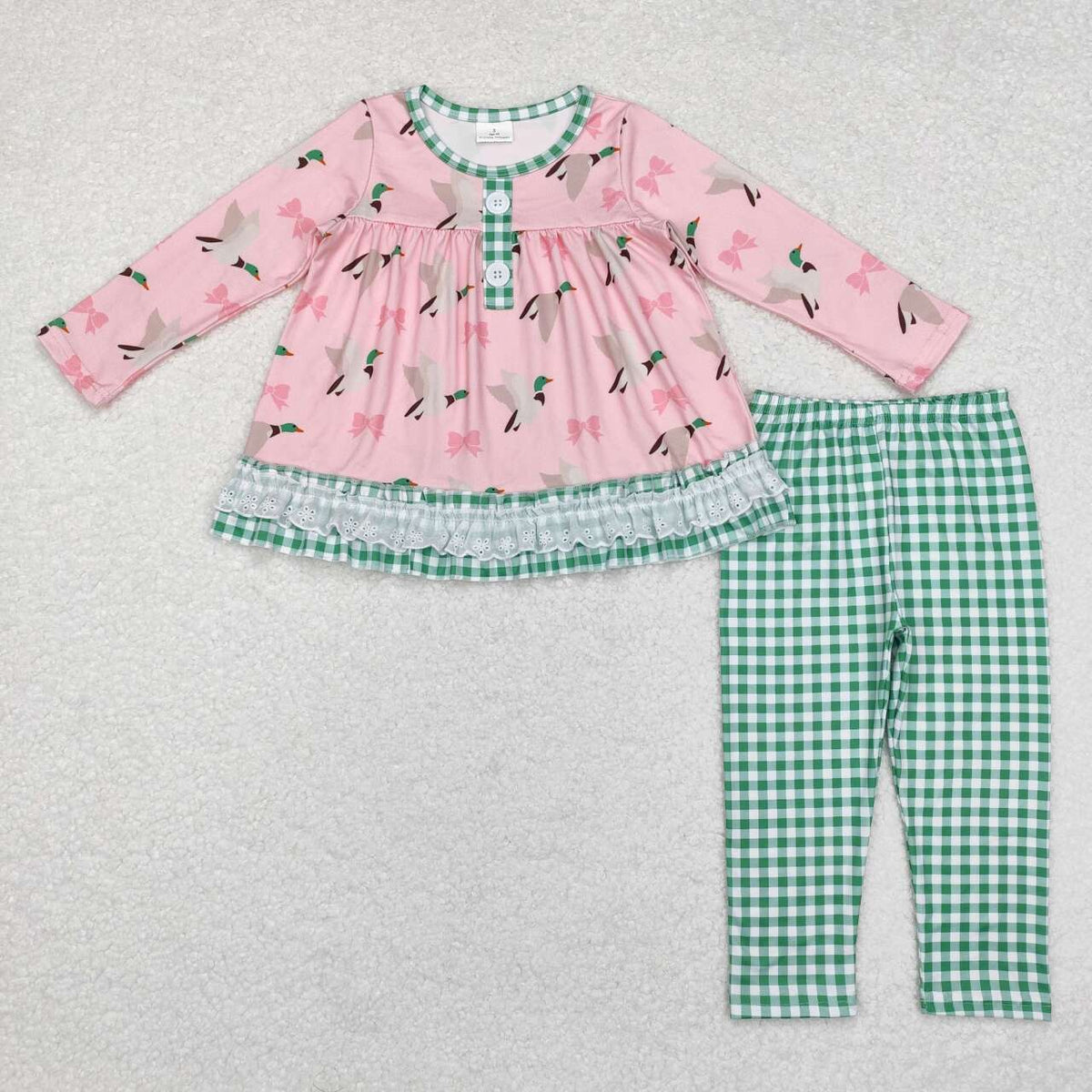 GLP1753 hunting mallard bow pink long sleeve green checkered pants girls set