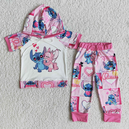 E8-26 Valentine Pink Cartoon Short Sleeve Baby Girls Hoodie Set