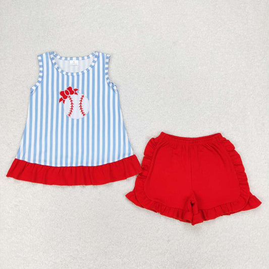 GSSO1019 embroidery play baseball blue striped sleeveless red shorts girls set