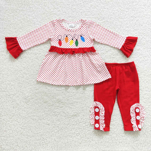 GLP0614 Christmas Colorful Light Long Sleeve Red Pants Girls Set Kids Clothes