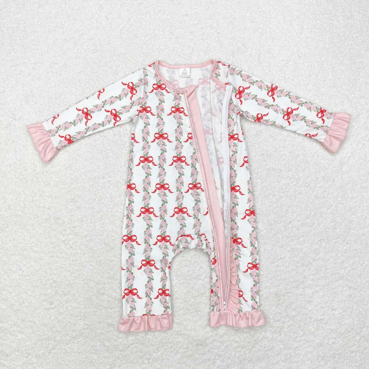 LR1517 BAMBOO Christmas red bows flowers lomh sleeve zipper girls romper